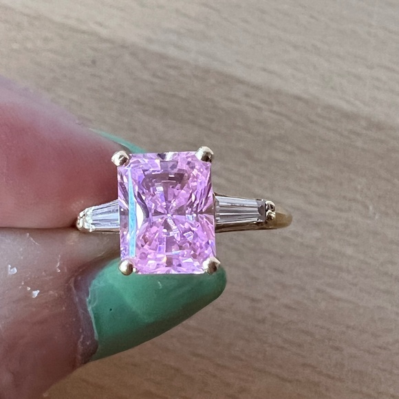 14K YELLOW GOLD EMERALD CUT DIAMONIQUE PINK CZ CUBIC ZIRCONIA RING ENGAGEMENT - Picture 1 of 16